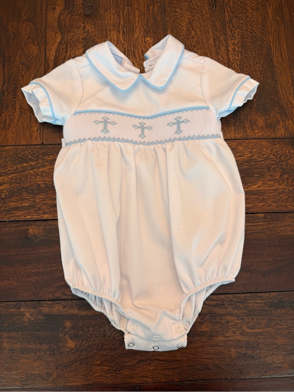 Blue-Trim White Smocked Baby One-Piece Bodysuit